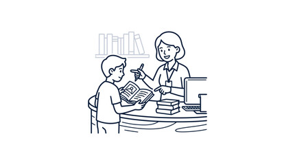 Fototapeta premium Librarian Assisting Young Boy with Book Selection
