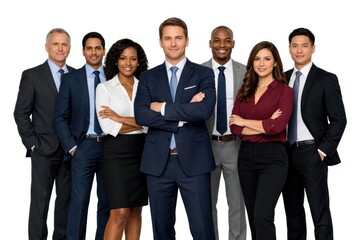 Fototapeta premium Diverse group of professionals in business attire, smiling confidently.