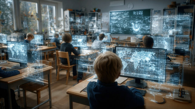 Elementary school classroom enhanced with AI overlays representing personalized learning smart education systems digital transformation and innovative teaching technologies