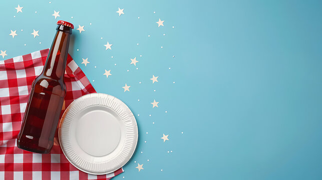 Labor Day picnic flat lay on blue background with beer bottle paper plate and checkered cloth, right copy space for summer BBQ party invitations