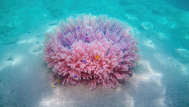 Close-up photo of a bubblegum-colored coral chalice.