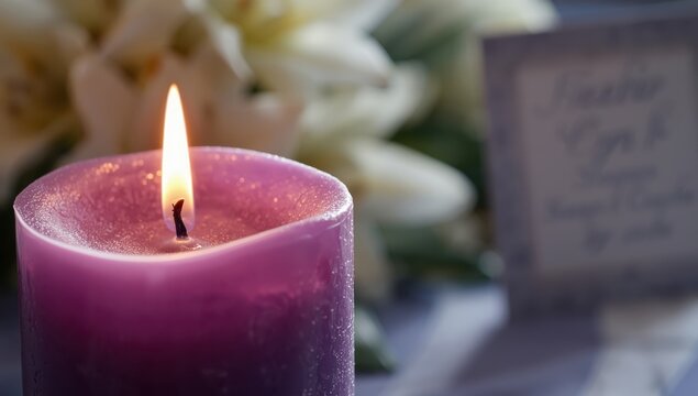Closeup of a violet candle with a blurred backdrop, funeral elements.