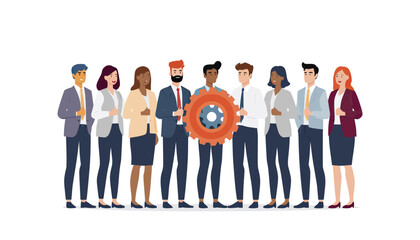 Fototapeta premium Diverse professional team holding a large gear representing collaboration
