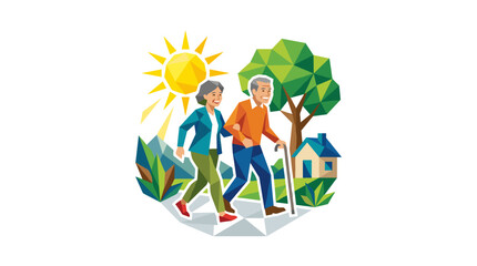 Fototapeta premium Active Senior Couple Walking Outdoors Low Poly Vector Illustration