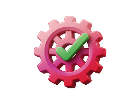 Three dimensional gear with a green checkmark in the center on transparent background cog
