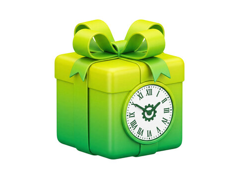 Lime green gift box with clock face and ribbon 3d render on transparent background