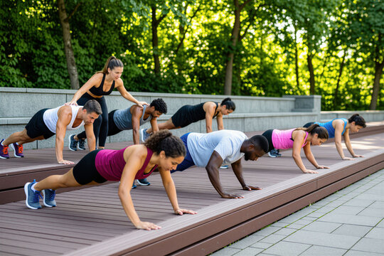 Female coach instructs group of diverse young adults plank exercises on wooden park stpic. Athletes focus on body strength, core stability during outdoor fitness training session. People maintain