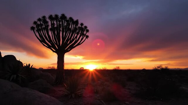 A quiver tree stands silhouetted against a vibrant desert sunset