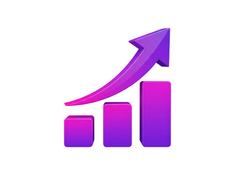 Gradient bar graph with rising arrow three columns purple and pink on transparent background