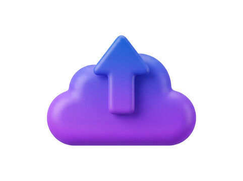 A cloud shape with an upward pointing arrow rendered in a 3d style on transparent background