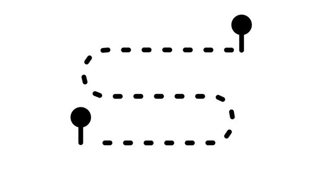 Outline icon of a dashed zigzag route path with a pin marker at the starting point and a flag pin at the ending point great for web design mobile