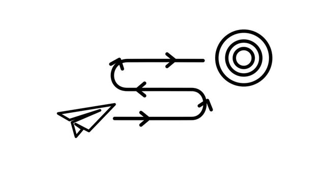 Outline icon of a paper airplane flying along a zigzag arrow path toward a target circle representing goal achievement strategy suitable for modern
