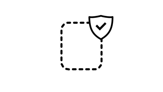 Outline icon of a dashed shield outline with a small checkmark badge representing pending or draft security protection status for security design use
