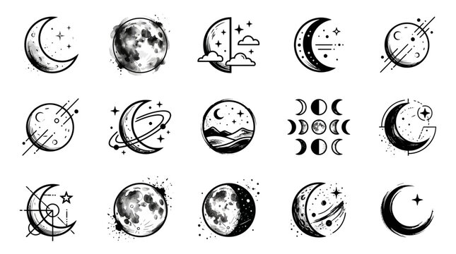 Celestial Moon Phases Icons Set - Cosmic Night Sky & Stars Illustrations