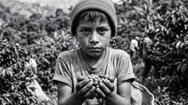 Low-key black and white close-up of a local Latin American boy holding coffee beans in an unbranded eco-bag, concept of fair trade and ethical sourcing with copy space