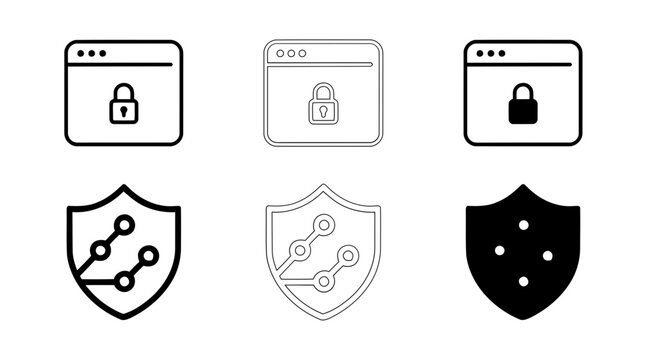 Minimal security icons set with lock and shield symbols isolated on transparent background, Vector