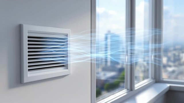 An air ventilation grill blowing cool air into a modern apartment with a city view from a window.