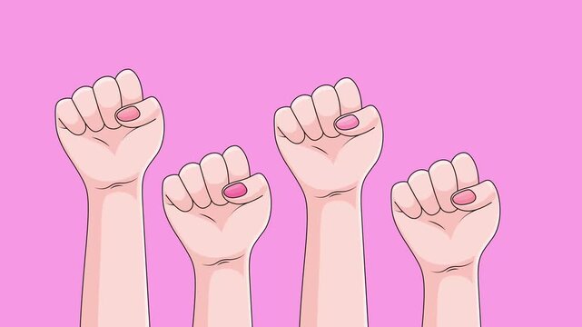 Four raised fists animation on solid pink background.