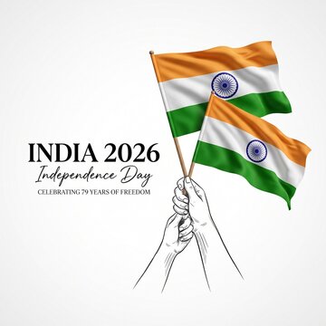 Sketch art of hands holding Indian flags with text celebrating 79 years of freedom for the 2026 Independence Day, elegant white background.