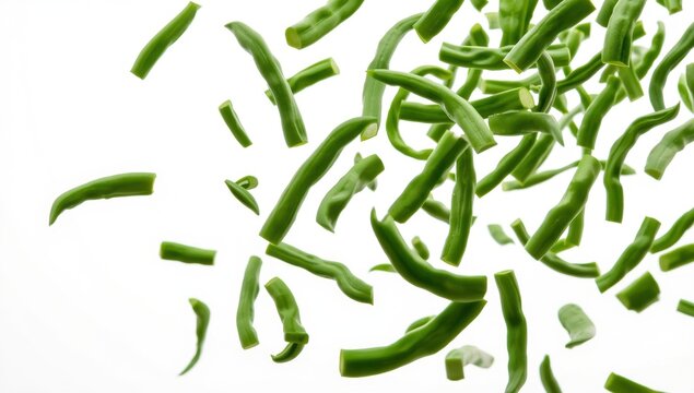 Diced organic green beans on a white backdrop