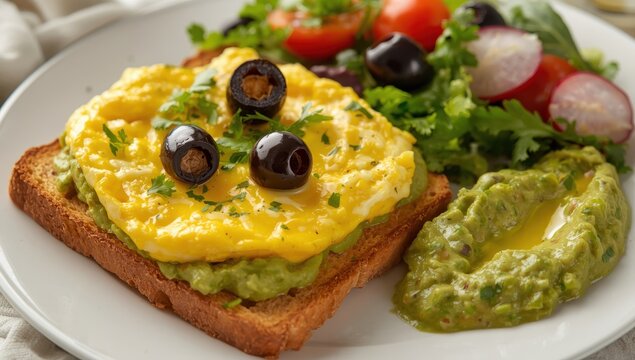 Eggs on toast with guacamole and olives. Nutritious and delicious morning meal.