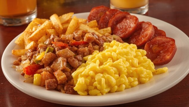 Eggs mixed with corned beef hash and home fries, accompanied by sliced kielbasa.