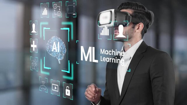 Professional man using virtual reality headset to explore concepts of artificial intelligence and machine learning in modern business environment Gluon.