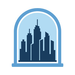 Fototapeta premium City skyline silhouette is contained within an arched frame.
