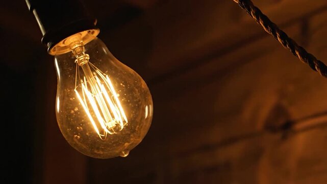 A glowing vintage edison light bulb shines with warm orange light