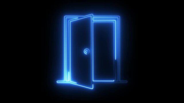 Glowing neon open door animation, digital entrance sign concept