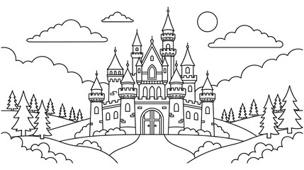 Detailed fantasy castle drawing with trees in background line art vector. © MDTAZBIRHOSSAIN