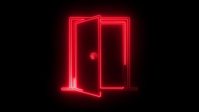 Red neon glowing open door animation on black background entrance