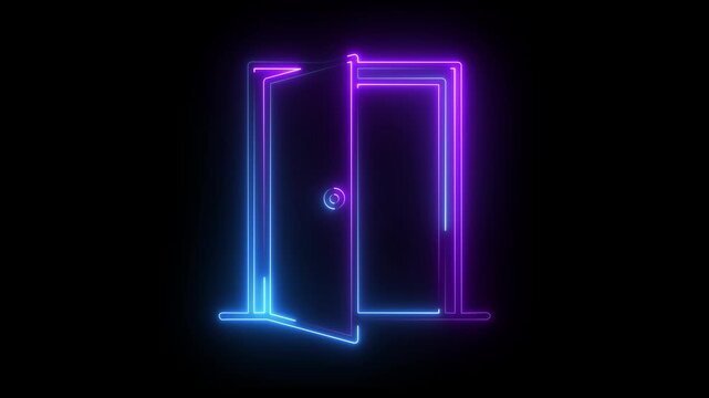 Neon glowing open door animation, futuristic entrance sign symbol
