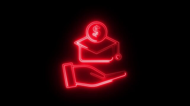 Neon education funding hand holding graduation cap and dollar coin for student loans and financial aid concepts