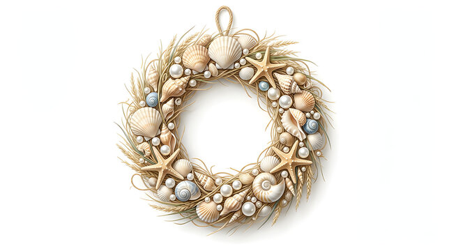 Elegant coastal wreath created from seashells, starfish, sea grass and pearls, refined summer decoration, isolated on white background, clean composition, copy space, commercial stock illustration,