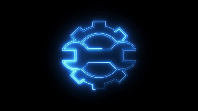 Glowing neon gear and wrench animation for industrial maintenance and technical support concepts
