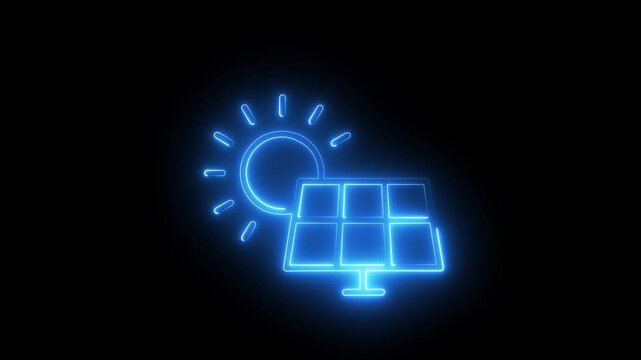 Glowing neon solar panel and sun animation for renewable energy and sustainability concepts