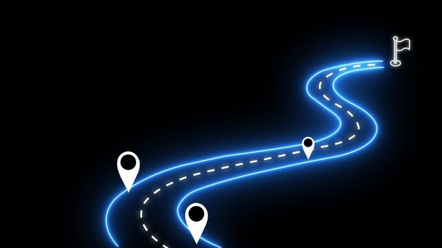 Neon glowing roadmap infographic with animated location pins and finish line flag
