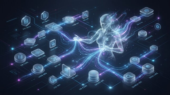 Neural network data flow with glowing nodes and connections. AI deep learning technology visualizing digital brain activity and cybernetic processing.