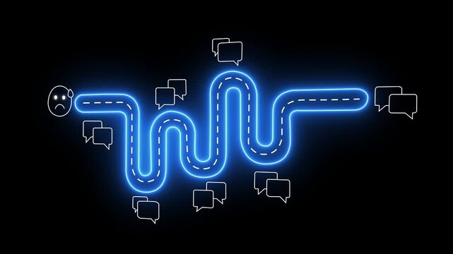 Neon winding road concept with speech bubbles and stressed character animation