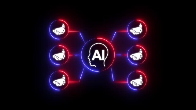 Ai surveillance network concept with glowing neon cctv camera and neural connectivity