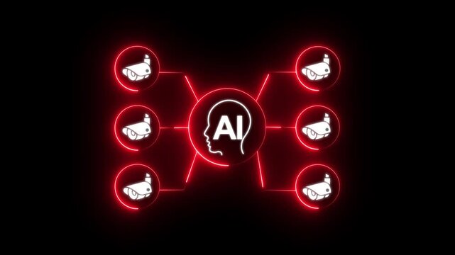 Ai surveillance network concept with glowing red security camera and neural intelligence interface