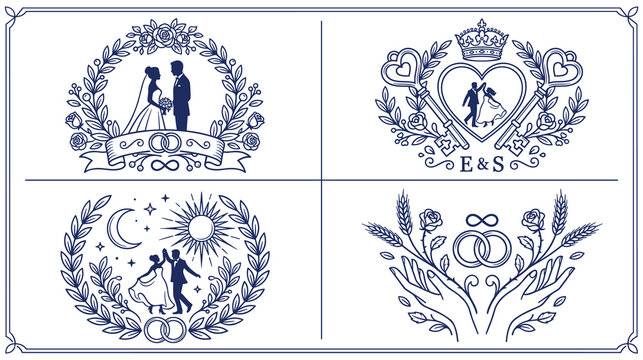 Wedding emblems set with bride groom dancing couple and floral ornaments.