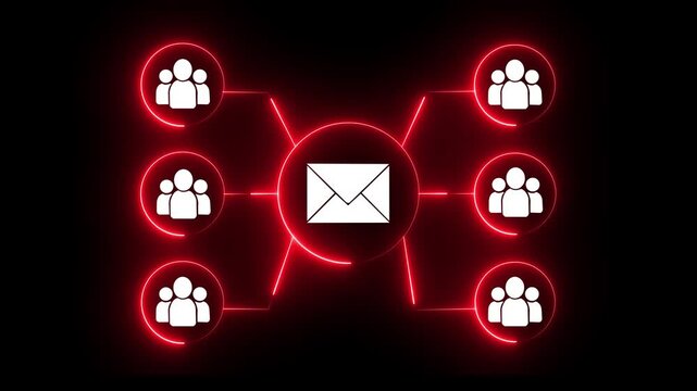 Digital email marketing network connection with glowing red neon and social media communication concept