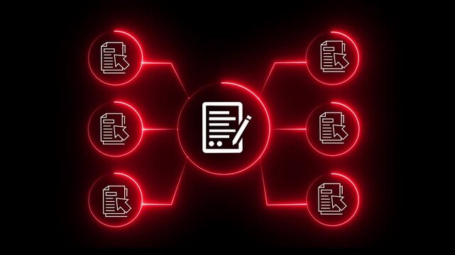 Digital document workflow network with glowing red neon nodes and
