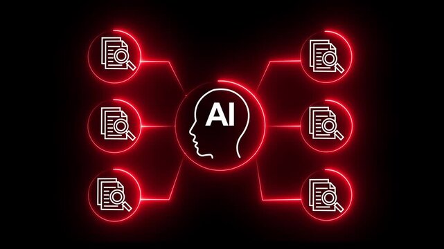 Artificial intelligence data analysis network with glowing red neural interface