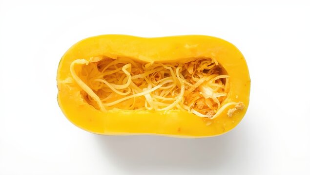 Halved spaghetti squash on a light backdrop.