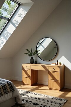 Modern bedroom interior featuring wooden dressing table with round mirror under sloped roof window. Sunlight enters attic space illuminating natural textures on parquet floor. Comfortable bed with