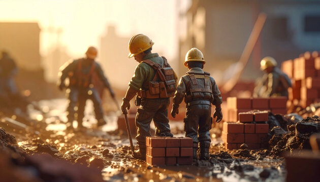 Construction worker team working together on a building site at sunset