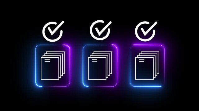 Neon document approval animation: digital task completion and checklist process